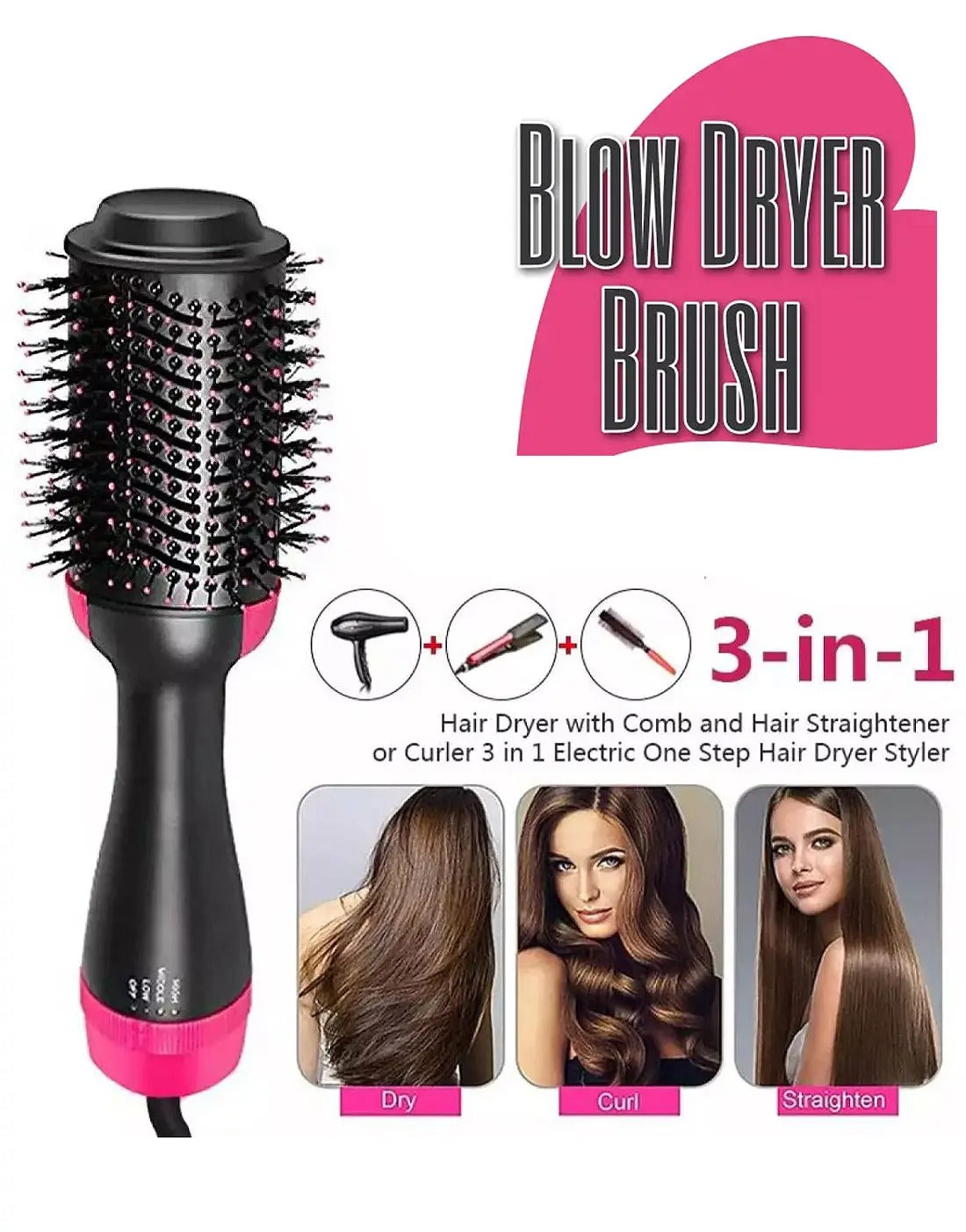 One Step Hair Dryer and Styler – Professional 1200W Hot Air Brush with Heavy-Duty Power Cord & Plug for All Hair Types