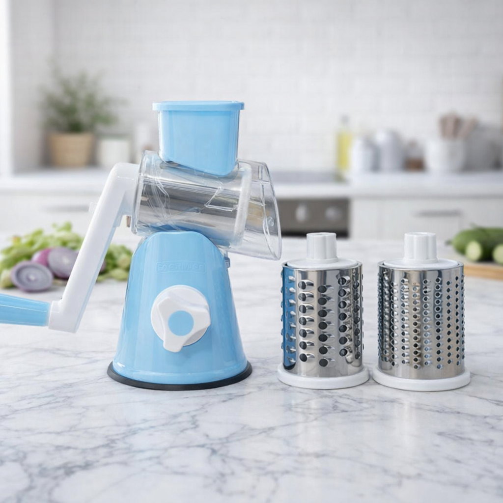 FALARI Tabletop Drum Grater - Manual Rotary Vegetable Slicer, Shredder & Cutter with 3 Interchangeable Stainless Steel Drums