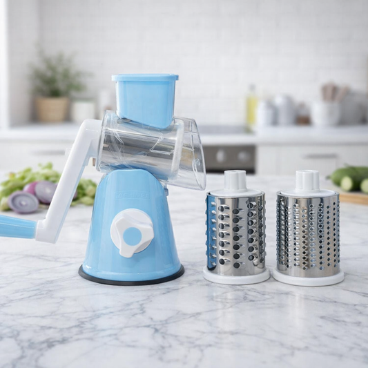 FALARI Tabletop Drum Grater - Manual Rotary Vegetable Slicer, Shredder & Cutter with 3 Interchangeable Stainless Steel Drums