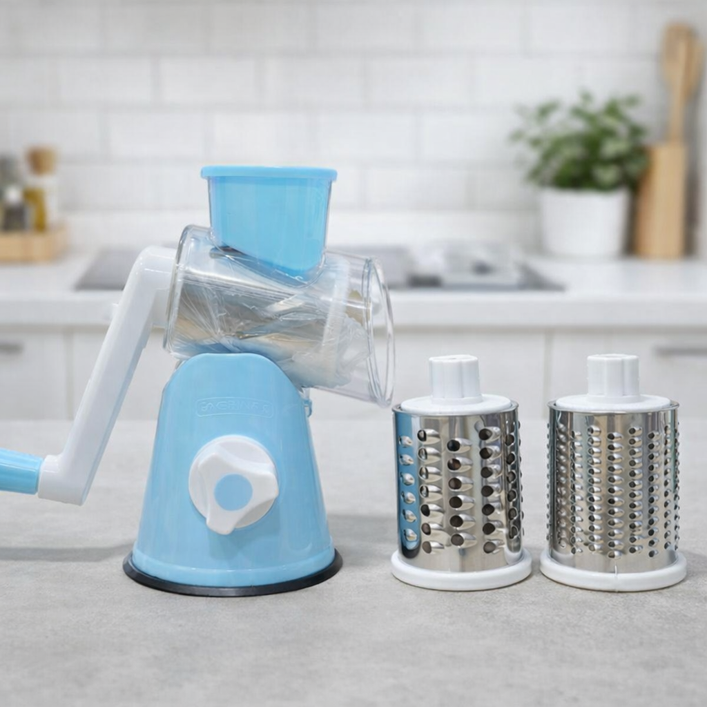FALARI Tabletop Drum Grater - Manual Rotary Vegetable Slicer, Shredder & Cutter with 3 Interchangeable Stainless Steel Drums