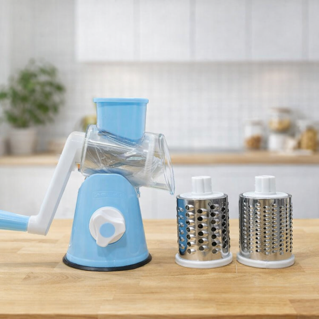 FALARI Tabletop Drum Grater - Manual Rotary Vegetable Slicer, Shredder & Cutter with 3 Interchangeable Stainless Steel Drums