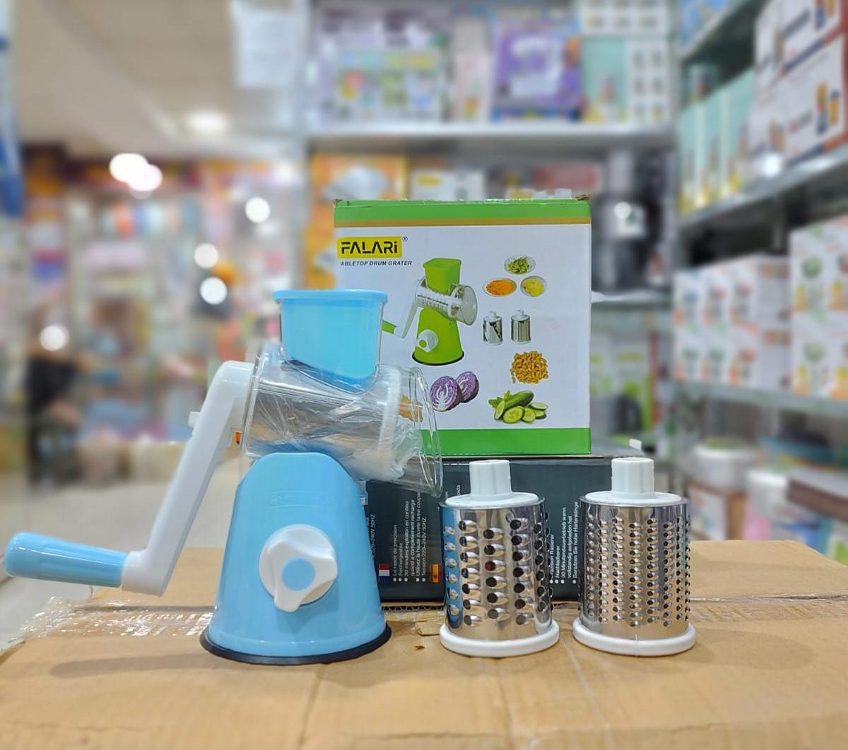 FALARI Tabletop Drum Grater - Manual Rotary Vegetable Slicer, Shredder & Cutter with 3 Interchangeable Stainless Steel Drums